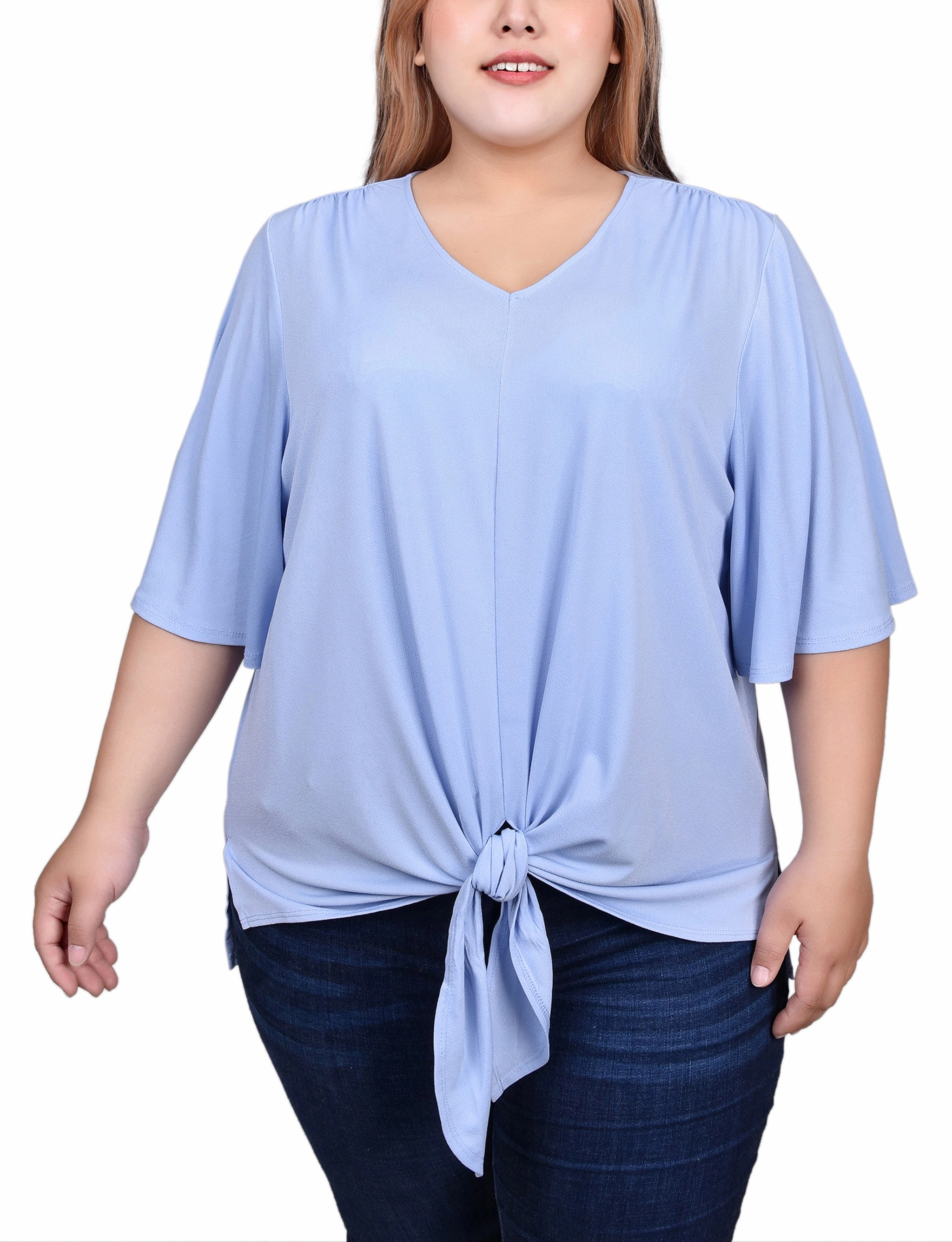 Plus Size Elbow Sleeve Tie-Front Top Joyful Look