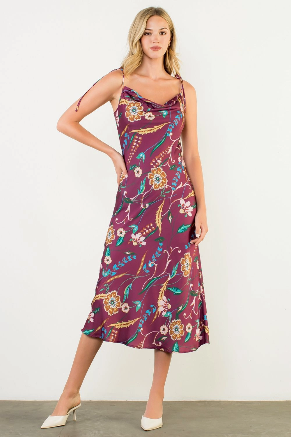 Subtle Drape TIE STRAP FLORAL SLIP DRESS