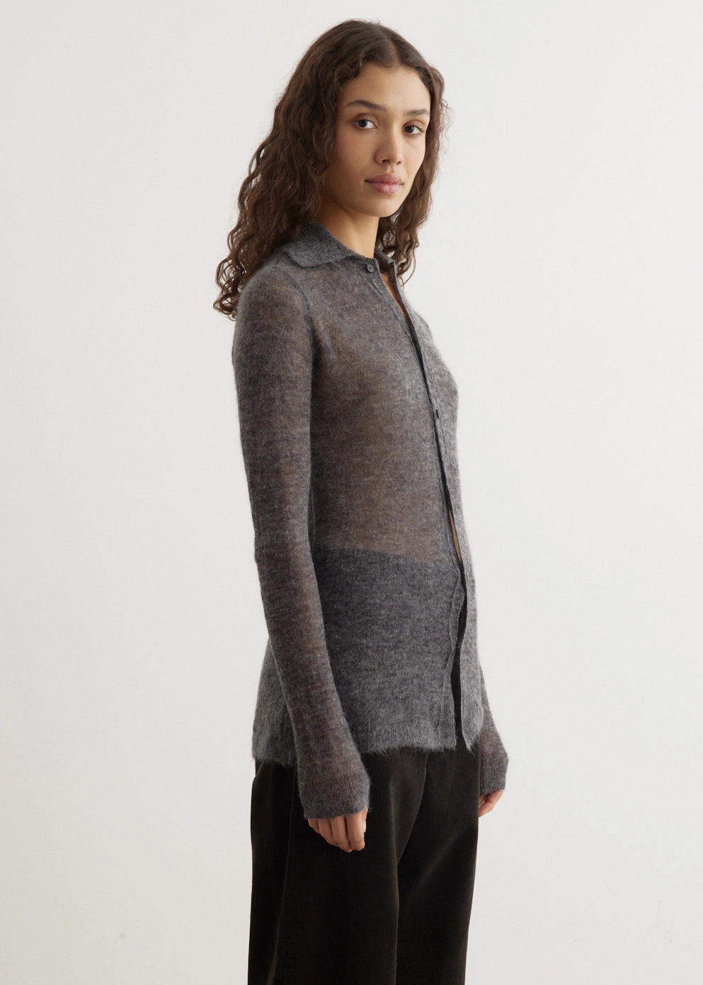 Texture Tone Ventilated Mesh Panel Kid Mohair Sheer Knit Shirt Cardigan