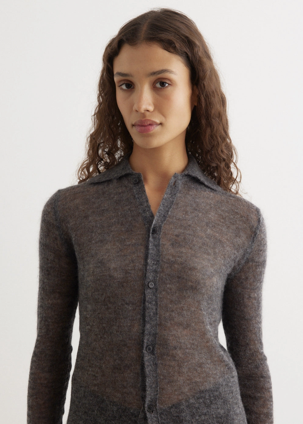 Work Friendly Daily Outfit Kid Mohair Sheer Knit Shirt Cardigan