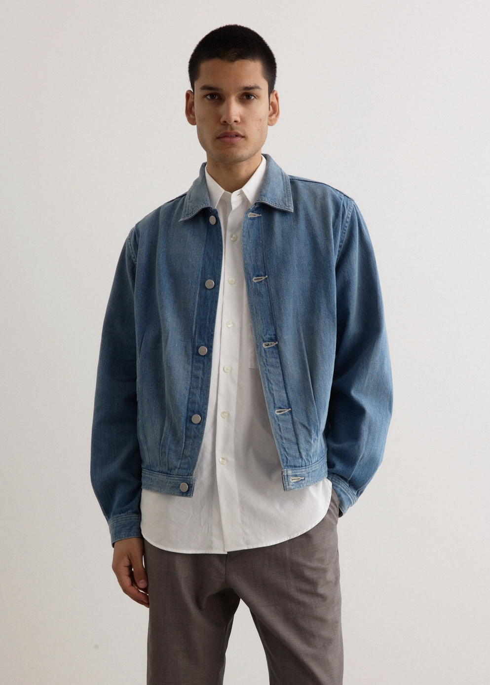 Fleece Lined Waterproof Material Selvedge Faded Light Denim Blouson