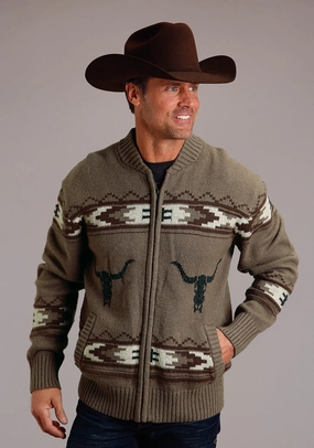 garden party Microfiber Material Stetson Mens Long Horn Zip Brown Cotton/Wool L/S Cardigan Sweater