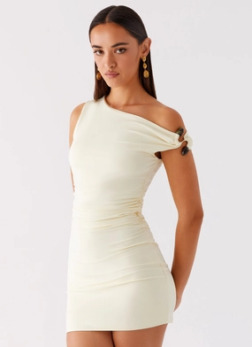 Seraphina One Shoulder Mini Dress - Yellow Satin-Sleeve Light Weight
