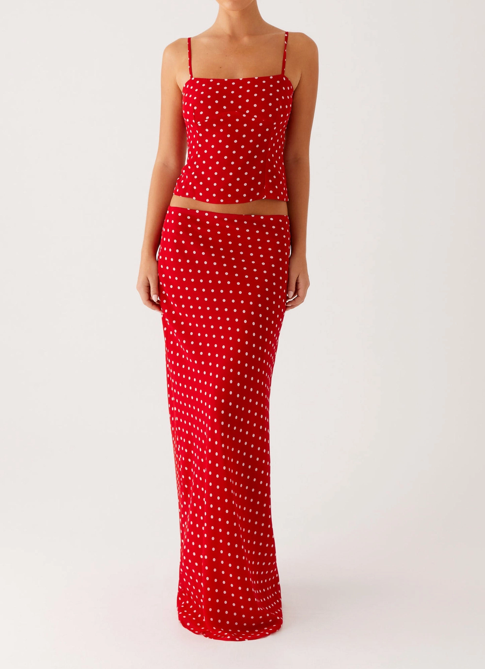 Adjustable drawstring Laid Back Look Bendita Maxi Skirt - Red Polka Dot