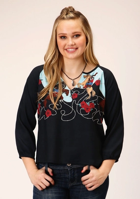 All-day Comfort Customizable Design Roper Womens Cowgirl Border Black 100% Rayon L/S Blouse