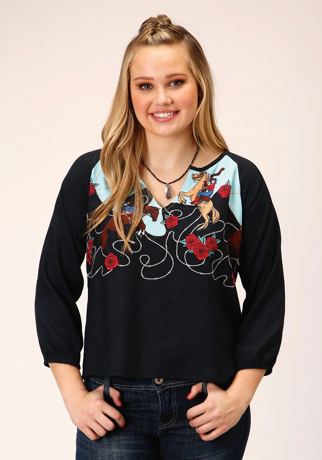 All-day Comfort Customizable Design Roper Womens Cowgirl Border Black 100% Rayon L/S Blouse