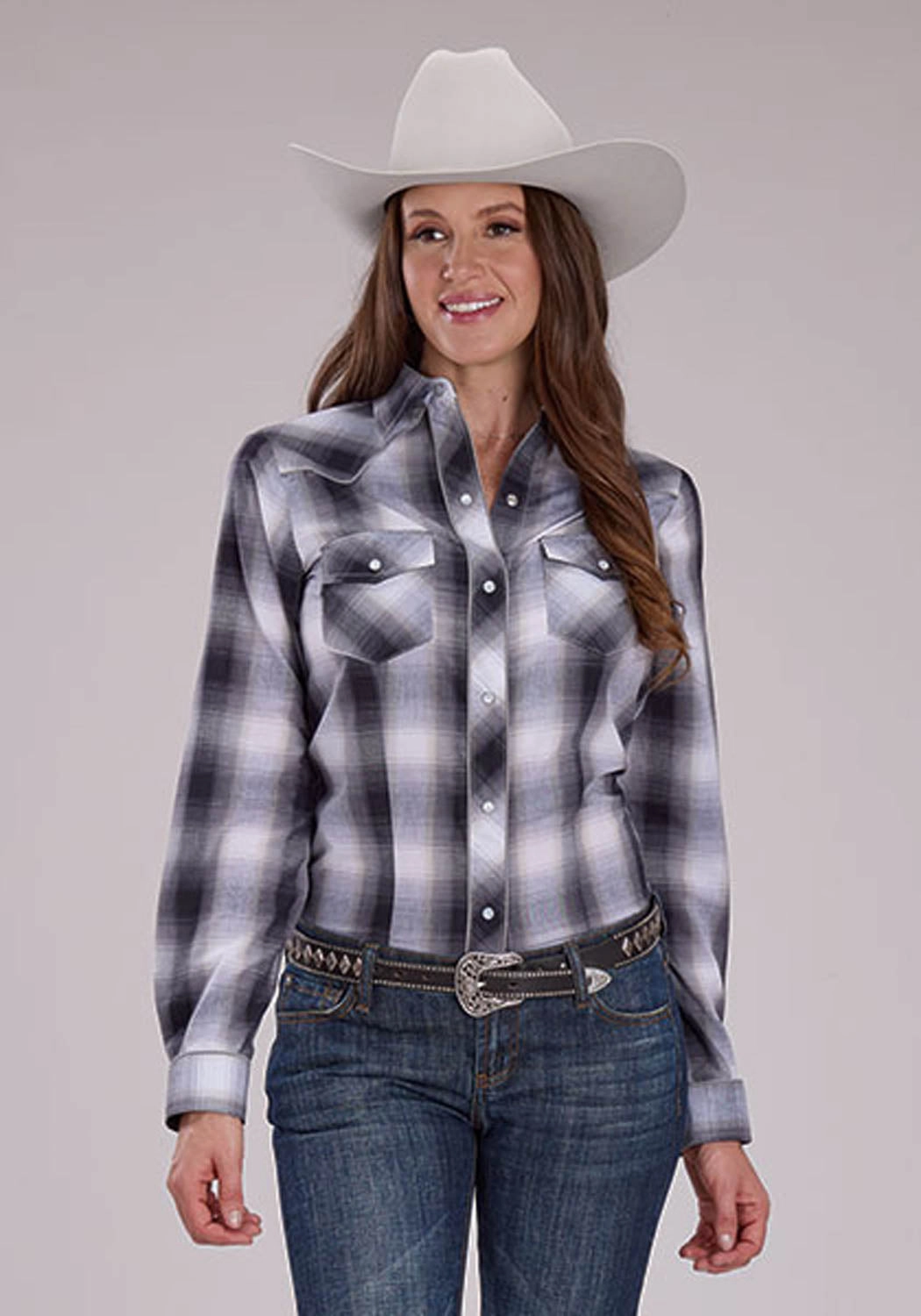 Stylish Design Glossy Texture Roper Womens Fancy Horseshoe Yokes Grey/Black/White Cotton Blend L/S Shirt