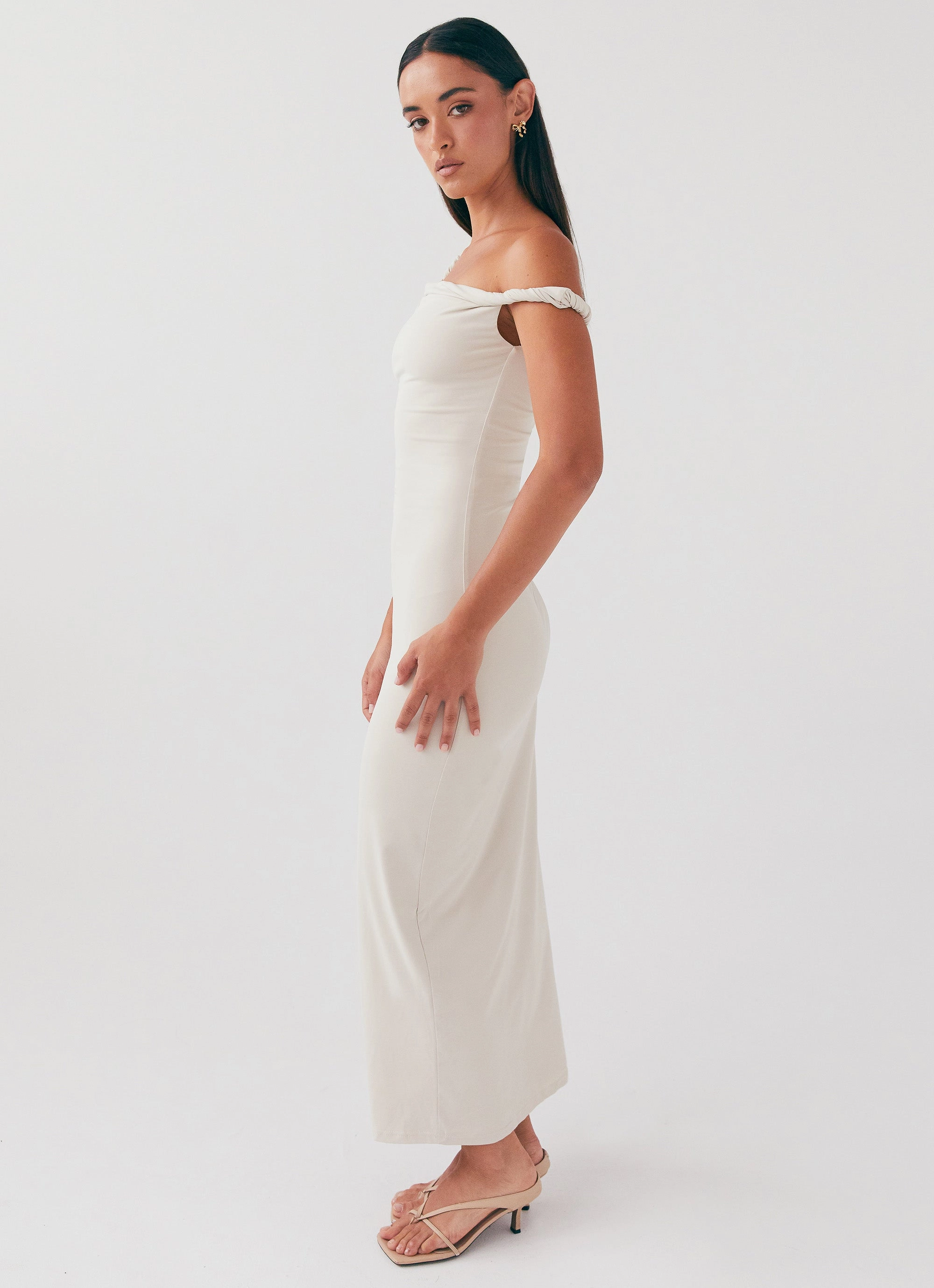 Arabella Twist Shoulder Maxi Dress - Beige Silky Surface Vibrant Look