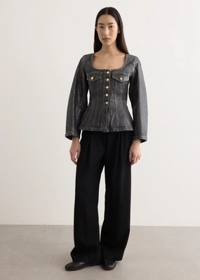 Teflon Finish Flatlock Seam Construction Shimmery Foil Denim Fitted Blazer