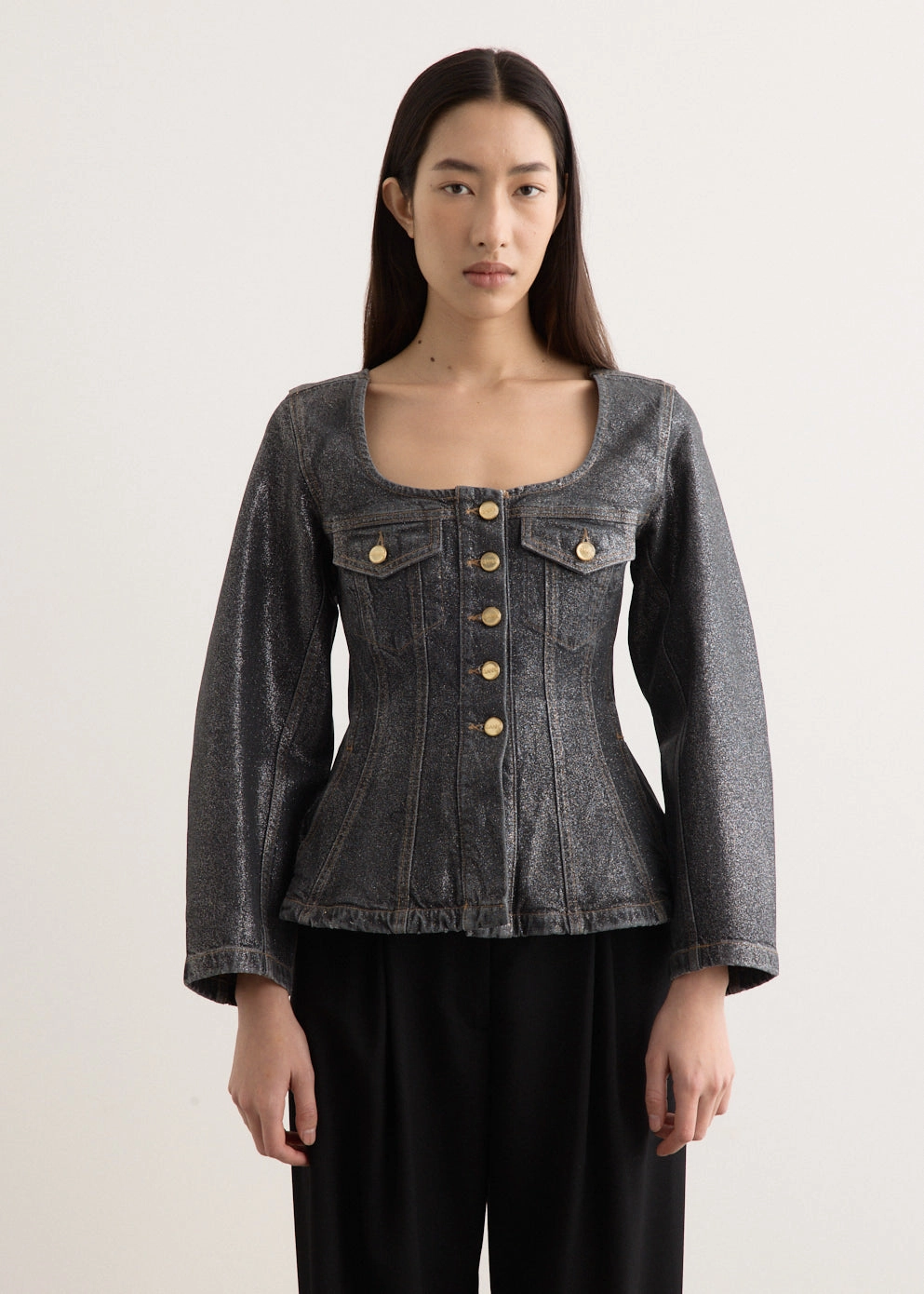 Odor Resistant Coating Shimmery Foil Denim Fitted Blazer