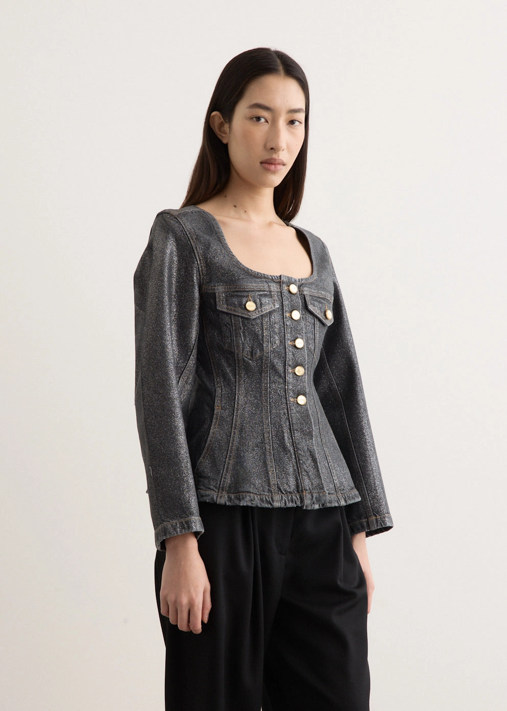 Shimmery Foil Denim Fitted Blazer Neutral Fit Design