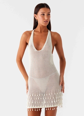 Pearl Shore Beaded Crochet Mini Dress - Ivory Delicate Mood