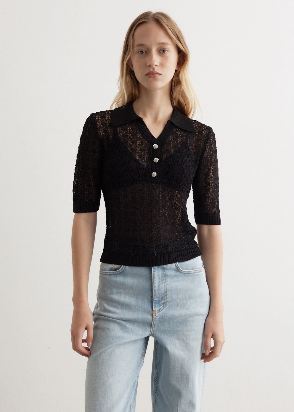 Shiny Pointelle Knit Short Sleeve Polo Travel Wear Cozy Loopback Fabric