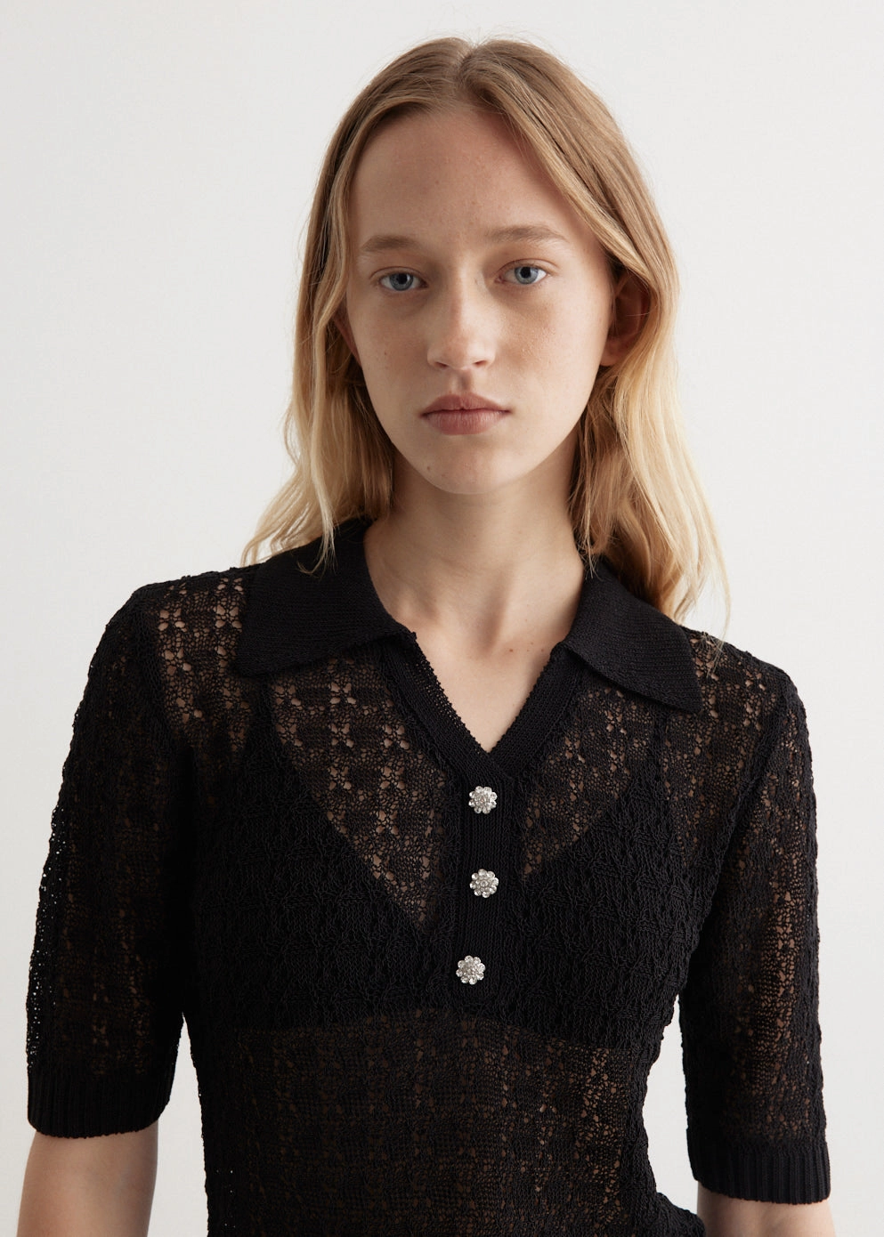 Shiny Pointelle Knit Short Sleeve Polo Cool Layer