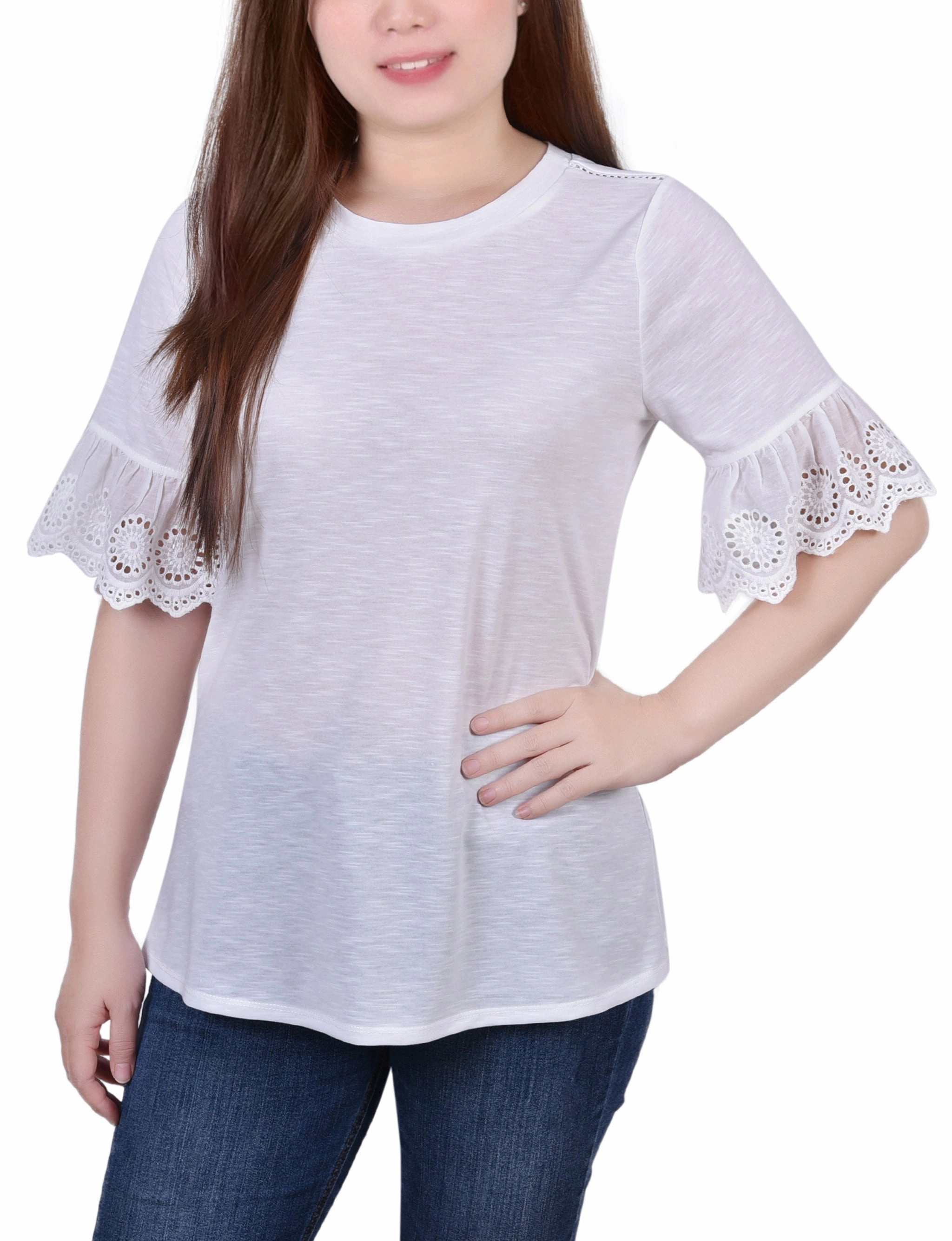 Short Bell Sleeve Slubbed Top Breathable Liner Integration Stretch Flexibility