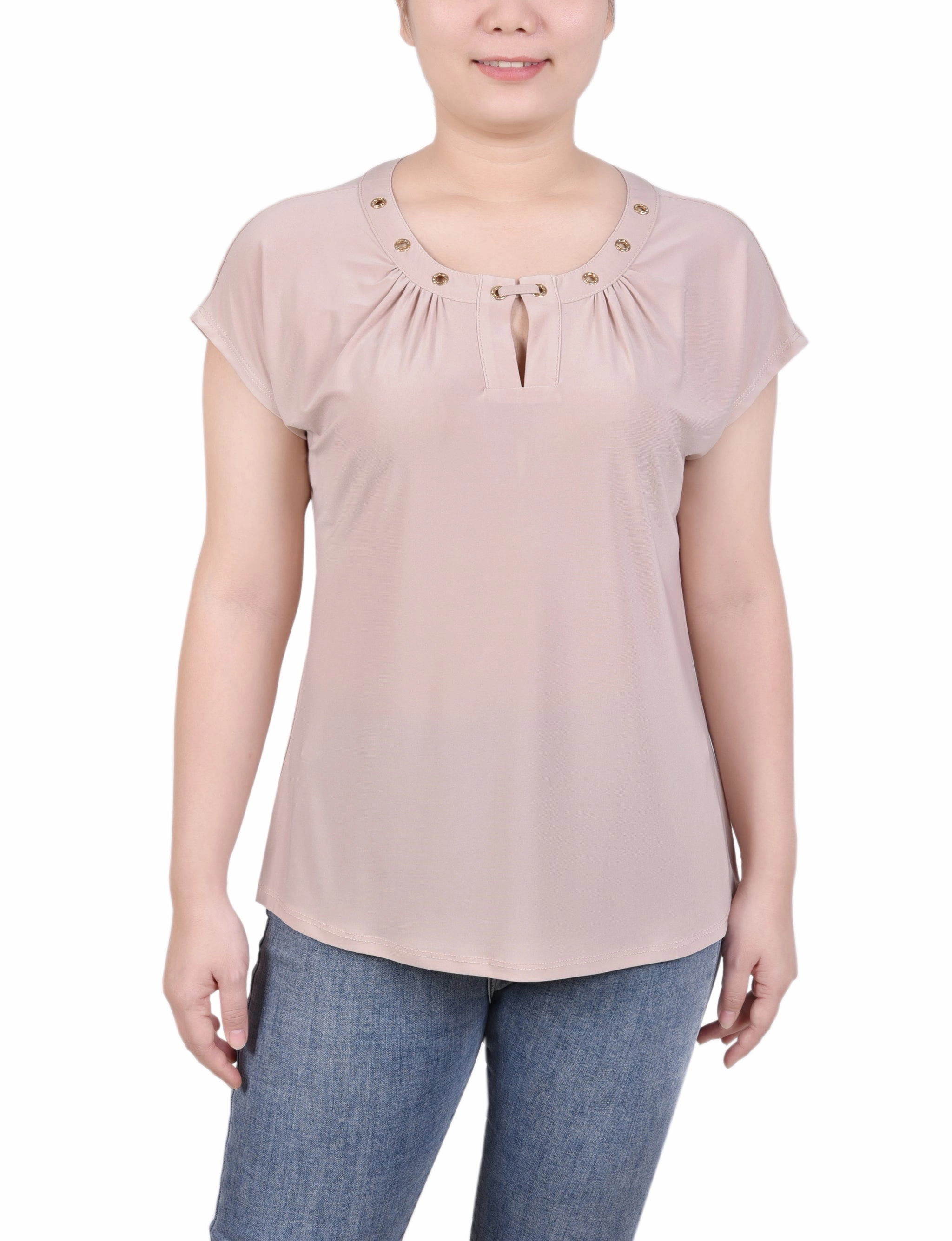 Simple Look Moisture Wicking Yarn Short Extended-Sleeve Grommet Neck Knit Top