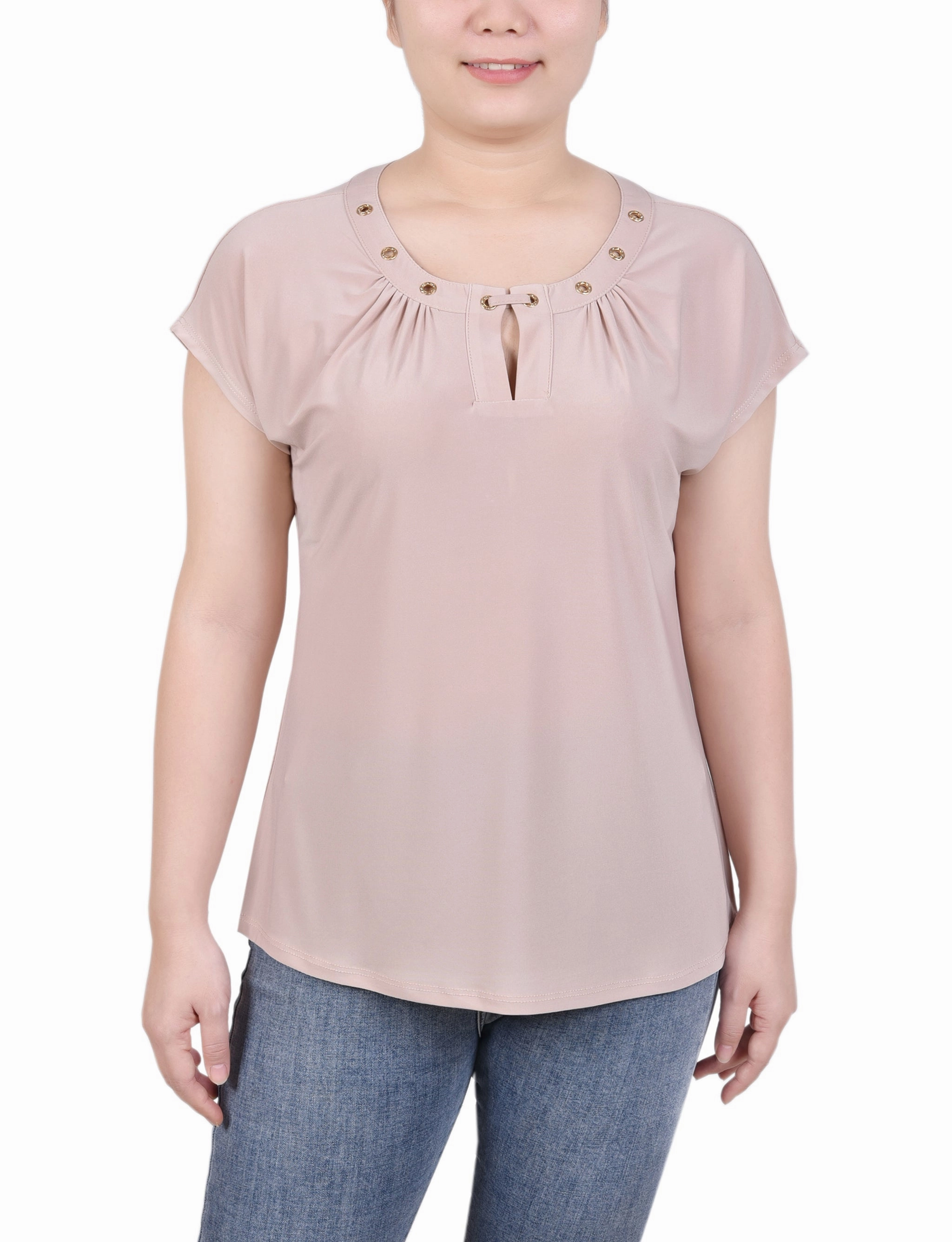 Layer Ready Short Extended-Sleeve Grommet Neck Knit Top