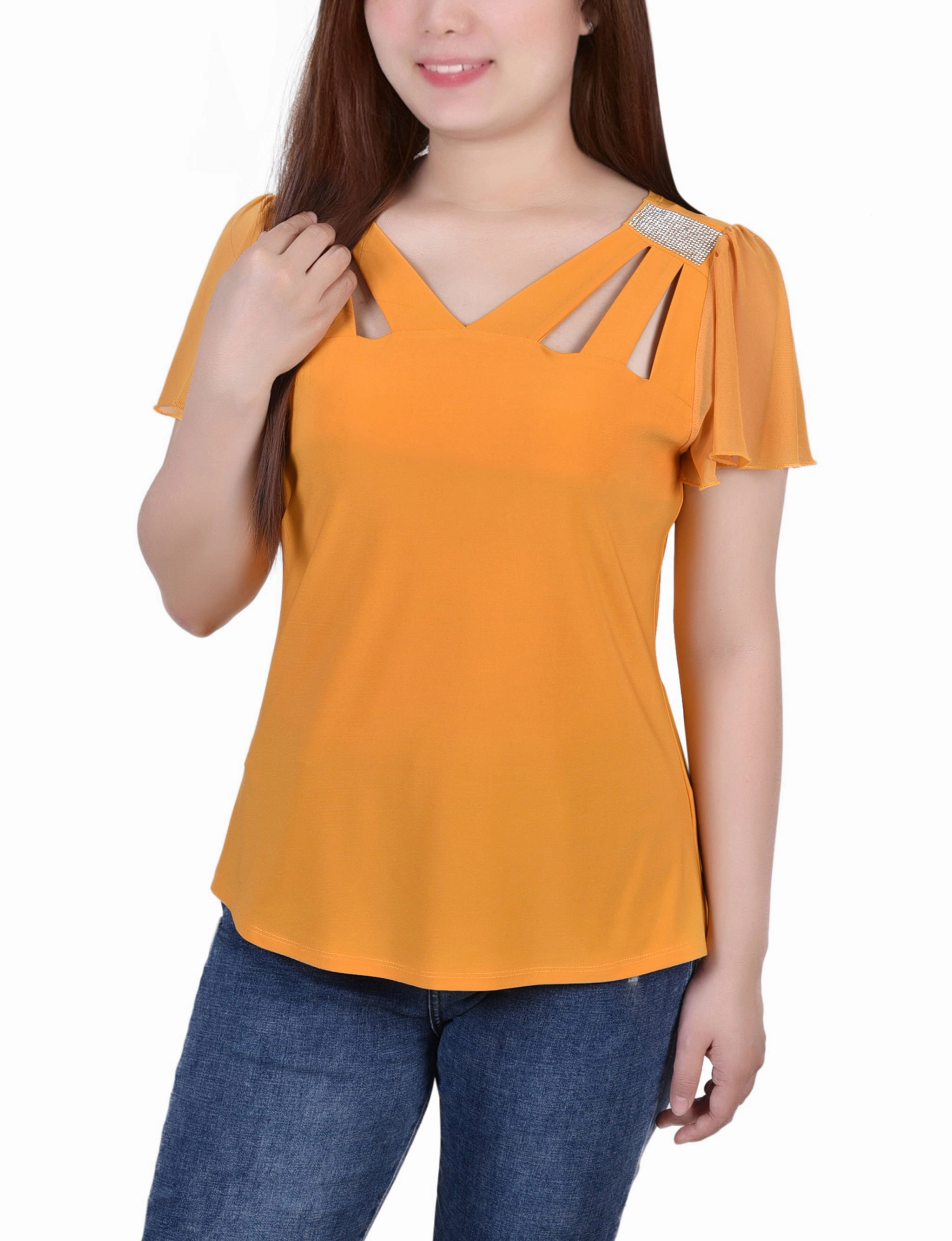 Compression Fit Short Flutter Sleeve Top With Cutouts and Stones
