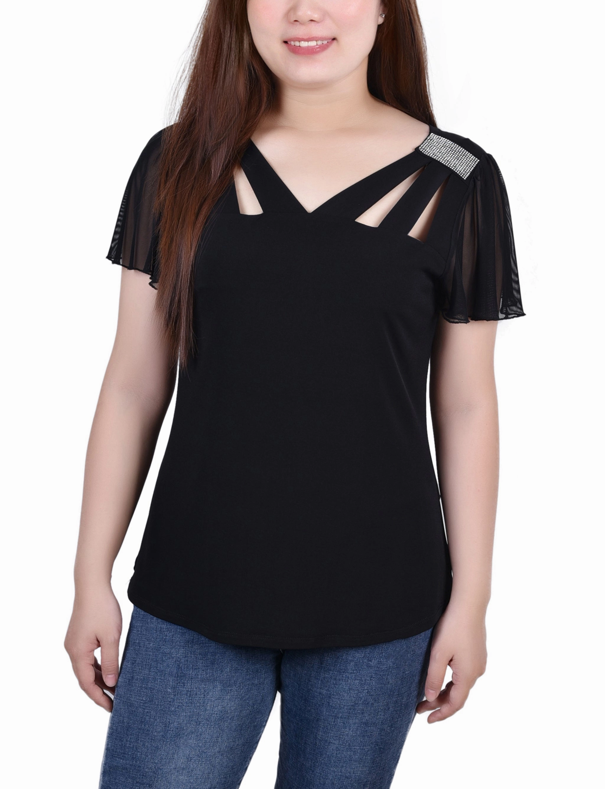 Short Flutter Sleeve Top With Cutouts and Stones ShrinkageResistant Weave