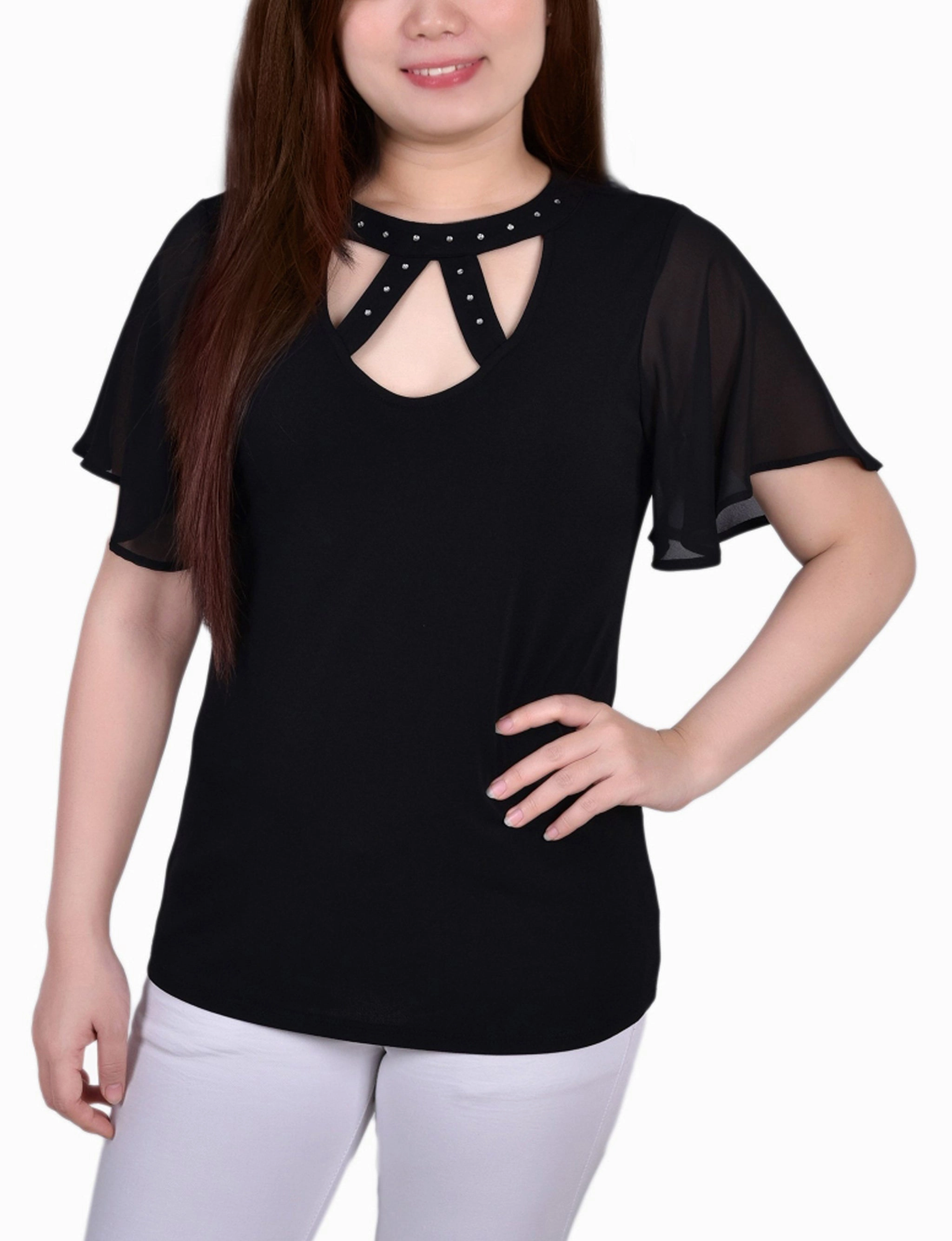Short Flutter Sleeve Top With Rhinestone Studs Everyday Style