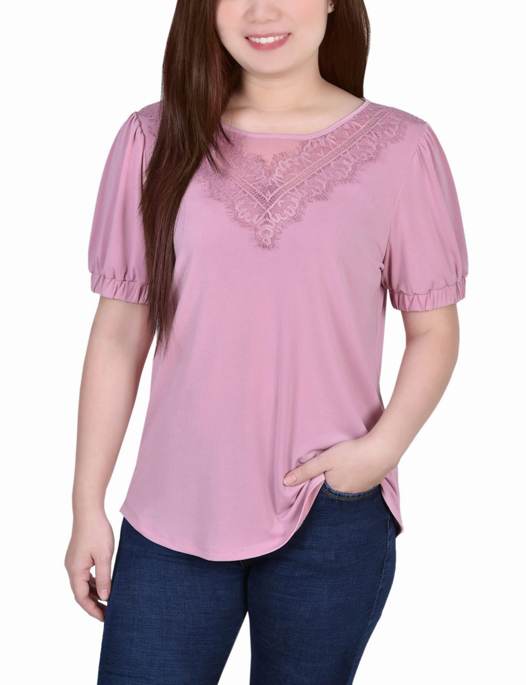 Fresh Comforted ShrinkResistant Weave Short Puff Sleeve Top With Lace