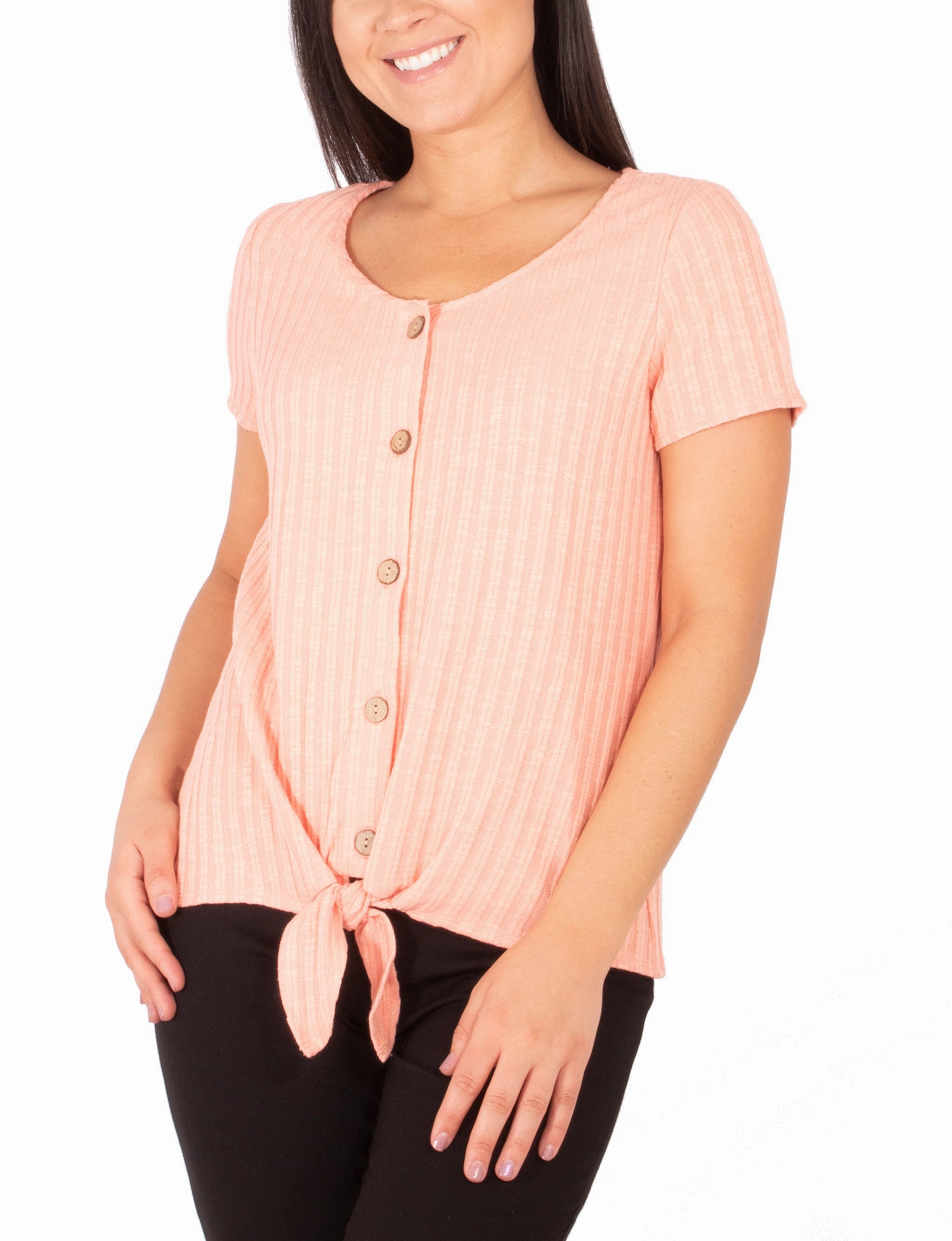 Short Sleeve Button Front Top With Tie At Hem Four Way Stretch Winter Travel
