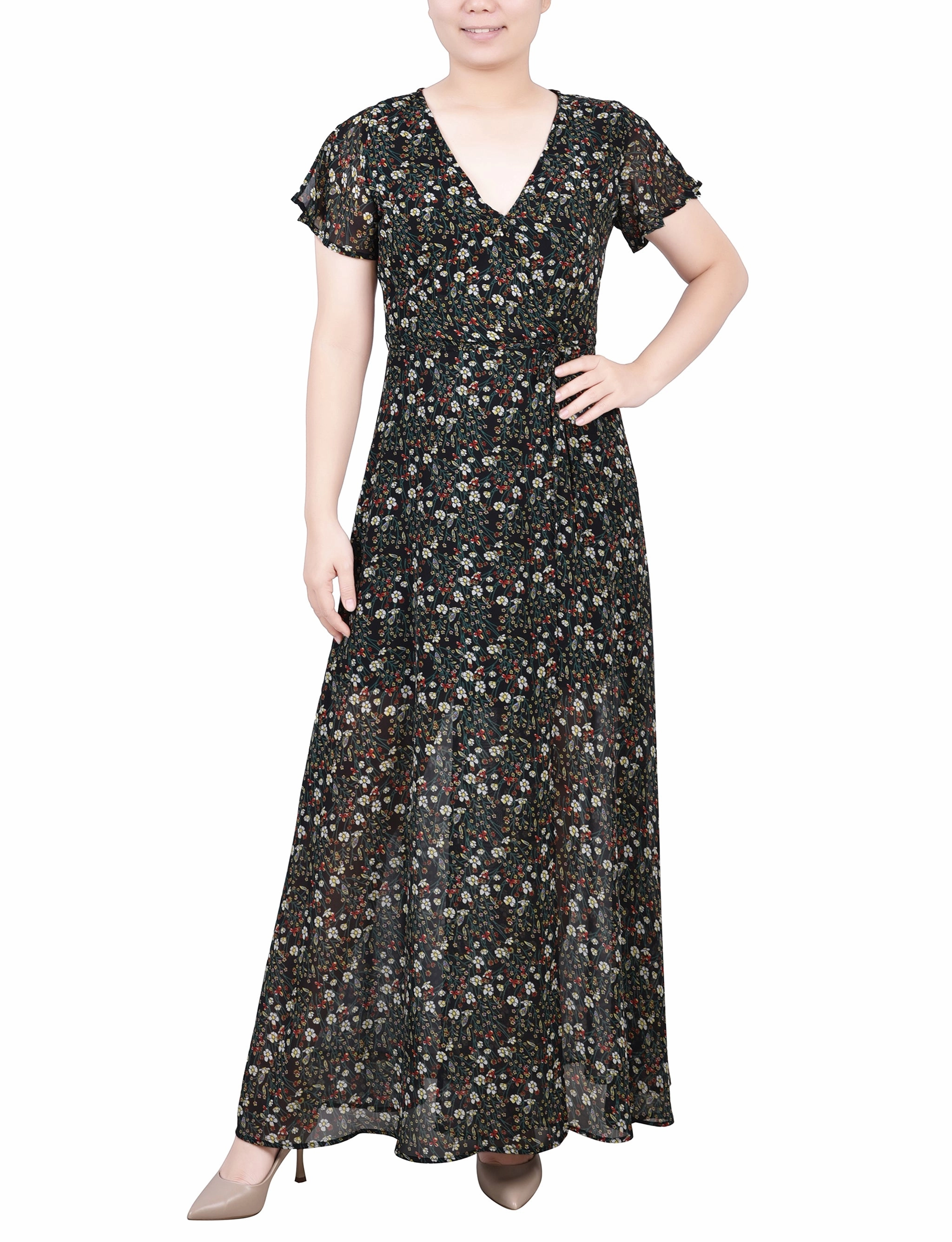 Relaxed-fit Short Sleeve Chiffon Wrap Maxi Dress