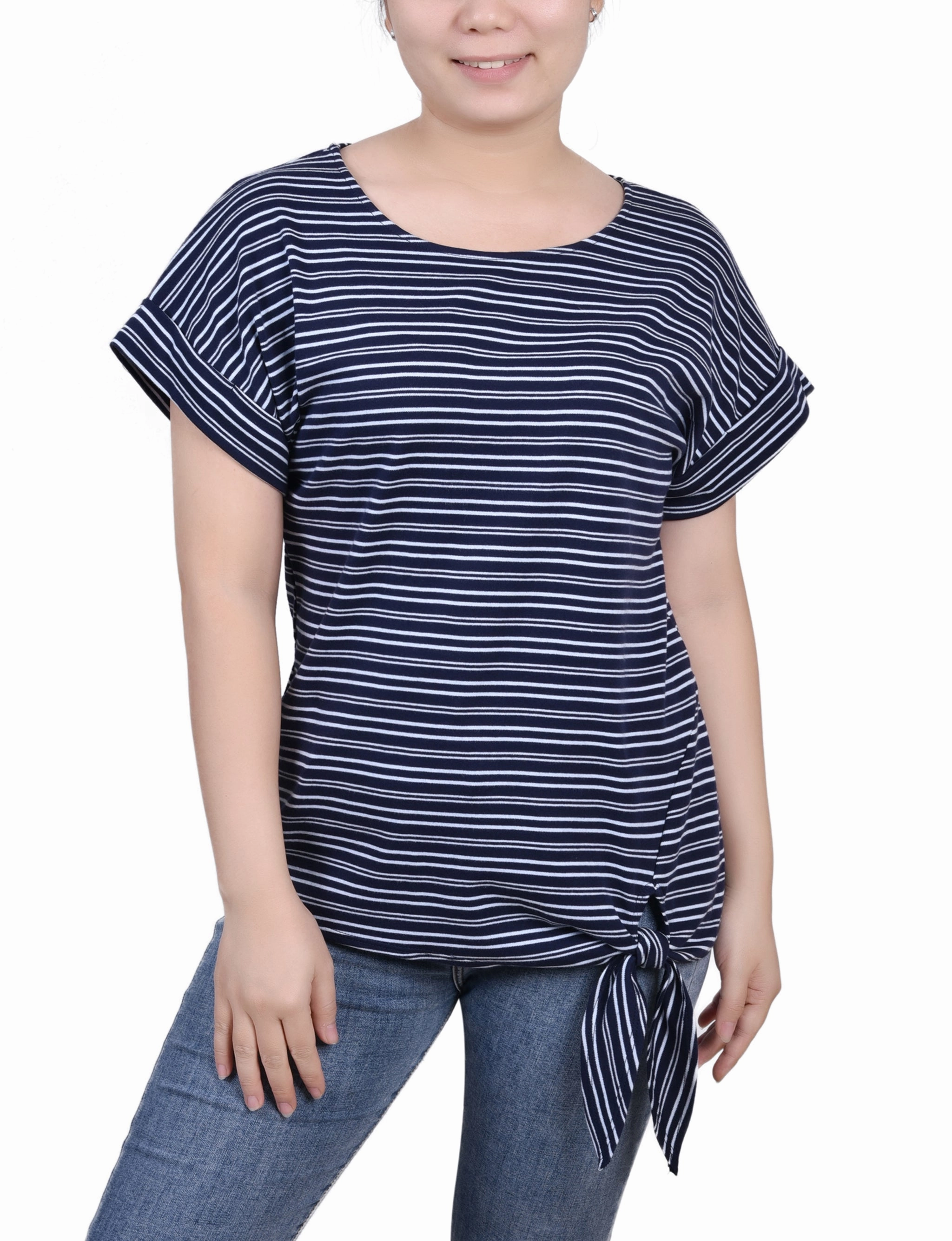 Short Sleeve Tie Front Top Reinforced Hemline StaticFree Material