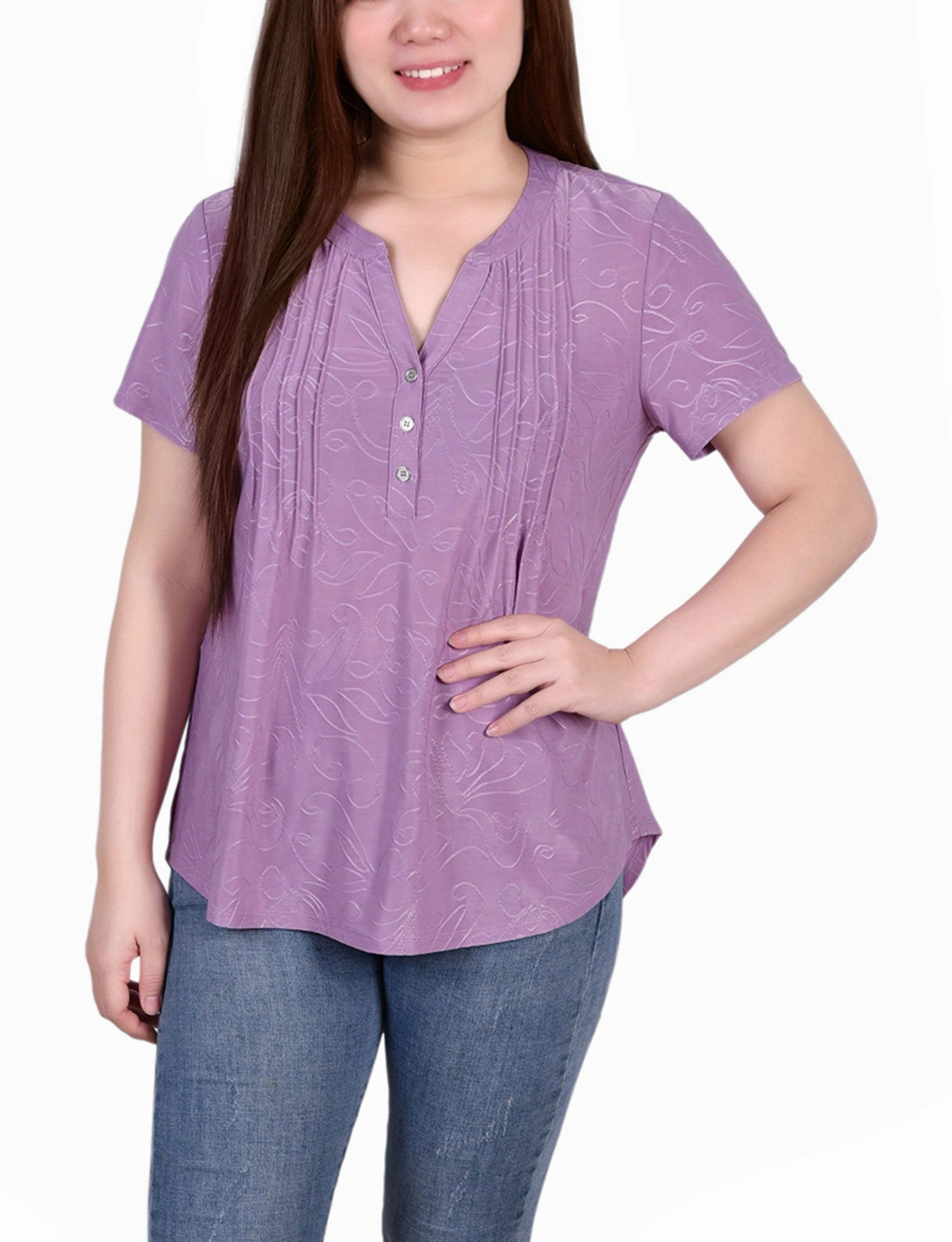 Jacquard Weave Lived In Short Sleeve Y Neck Jacquard Knit Top