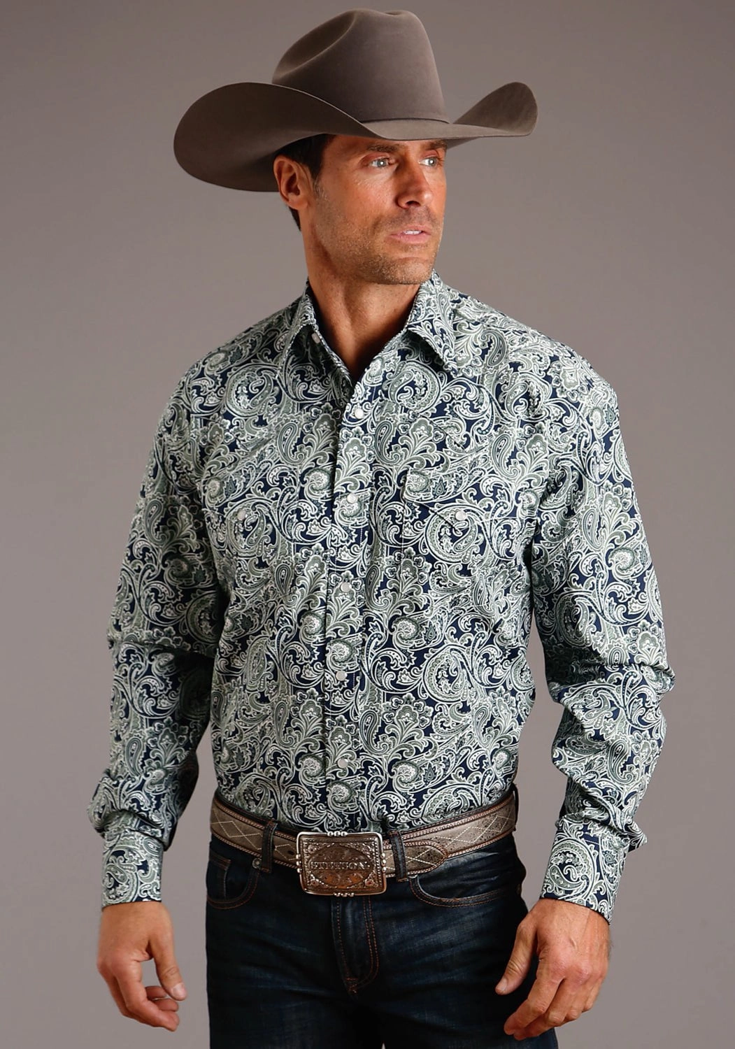 Polished Placket Stetson Mens Blue 100% Cotton Greenspring Paisley L/S 2 Pocket Shirt