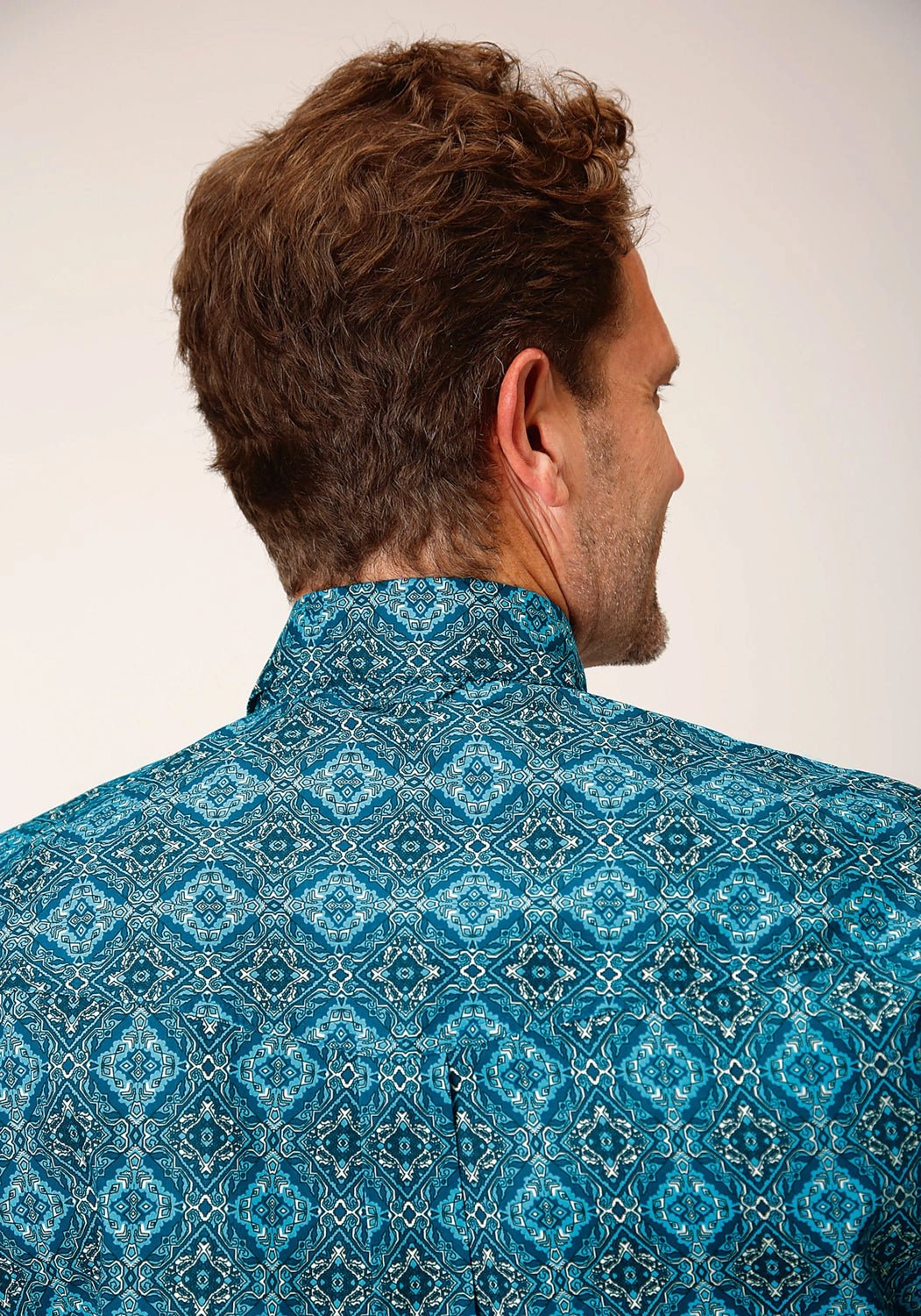 Refined Aesthetic Layered Design Roper Mens Gothic Medallion Blue 100% Cotton L/S Shirt