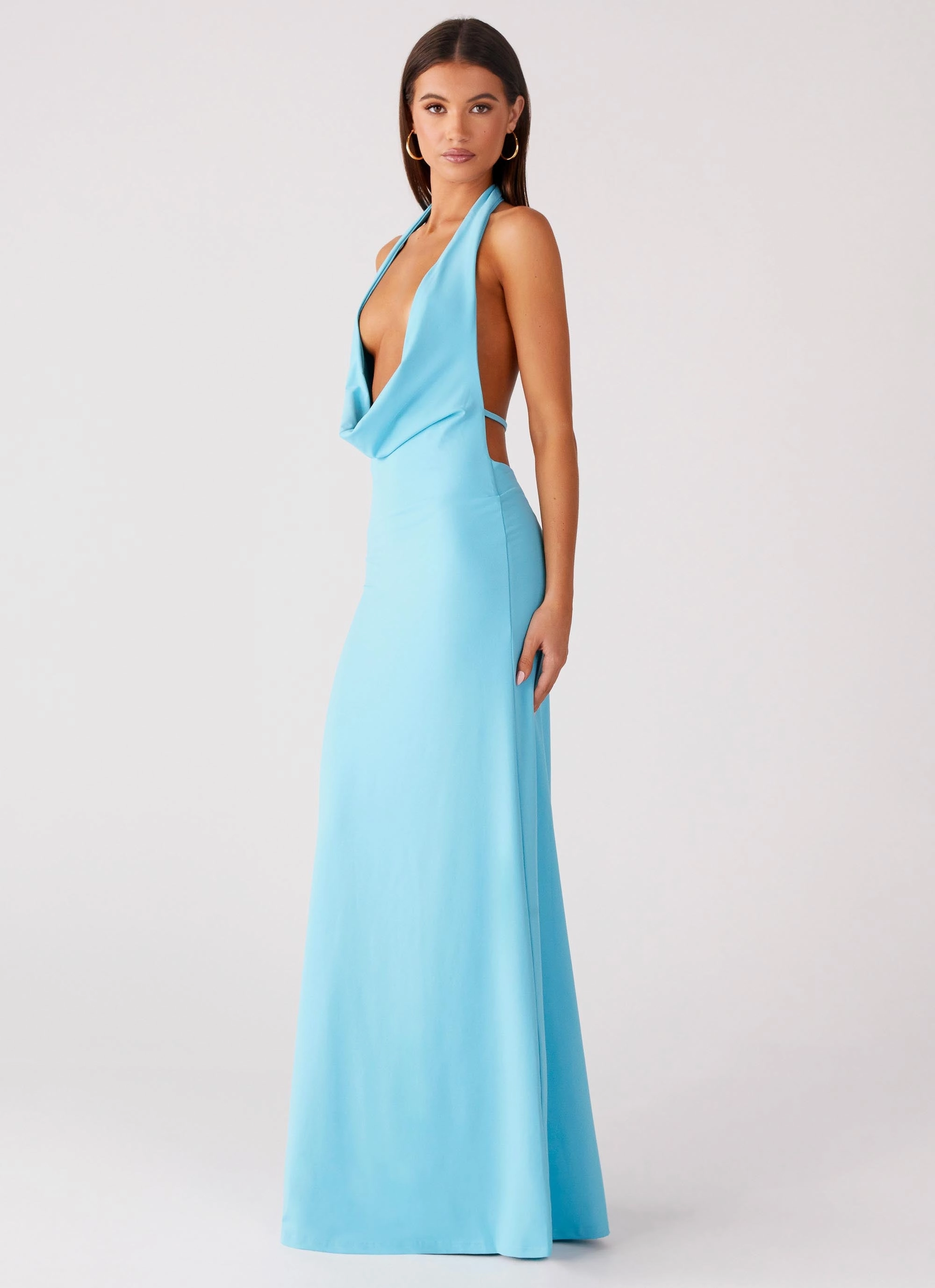 Trendy Wearable LayeredHemline Driftwood Cowl Maxi Dress - Turquoise