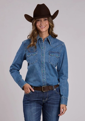 Coastal Vibes Breathable Material Stetson Womens Fancy Sawtooth Blue 100% Cotton L/S Shirt