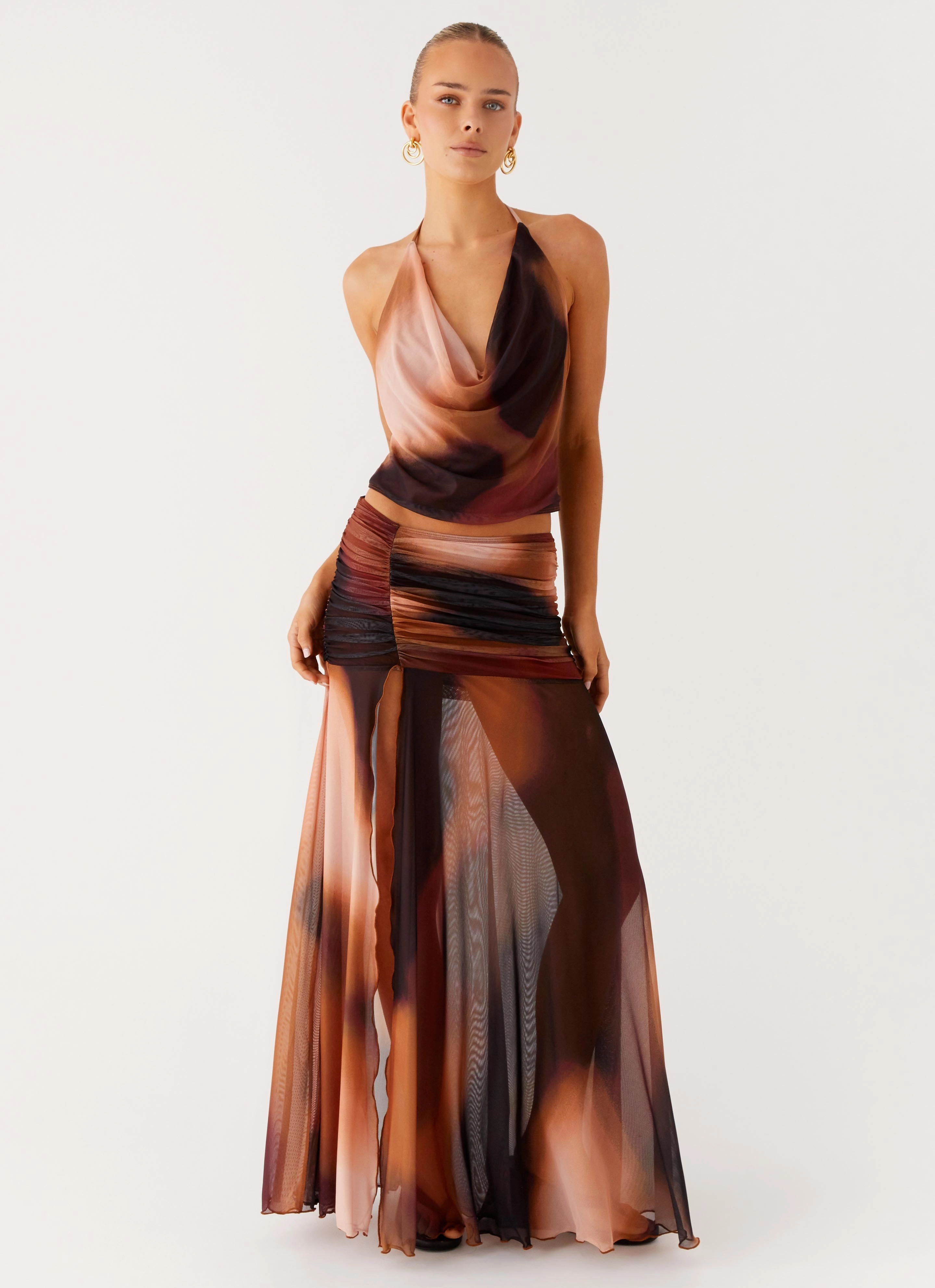 Neutral Tone Stargazer Mesh Cowl Top - Black Gradient