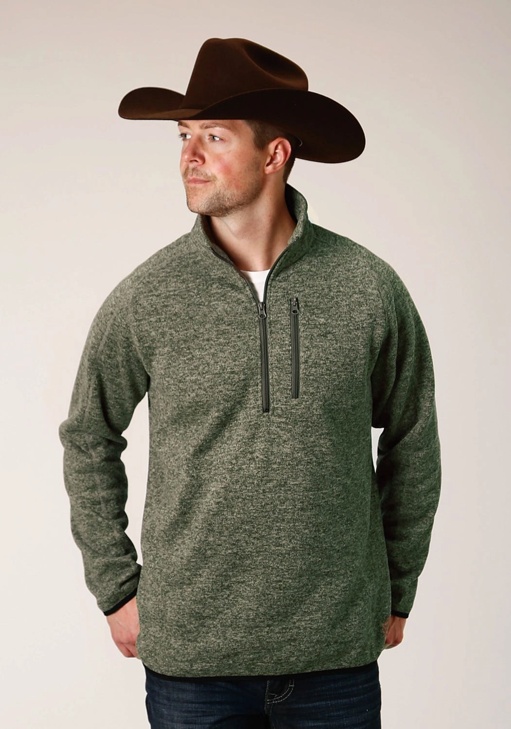 Premium Pima Cotton Travel-friendly Stetson Mens Green Polyester Bonded Knit Sweater