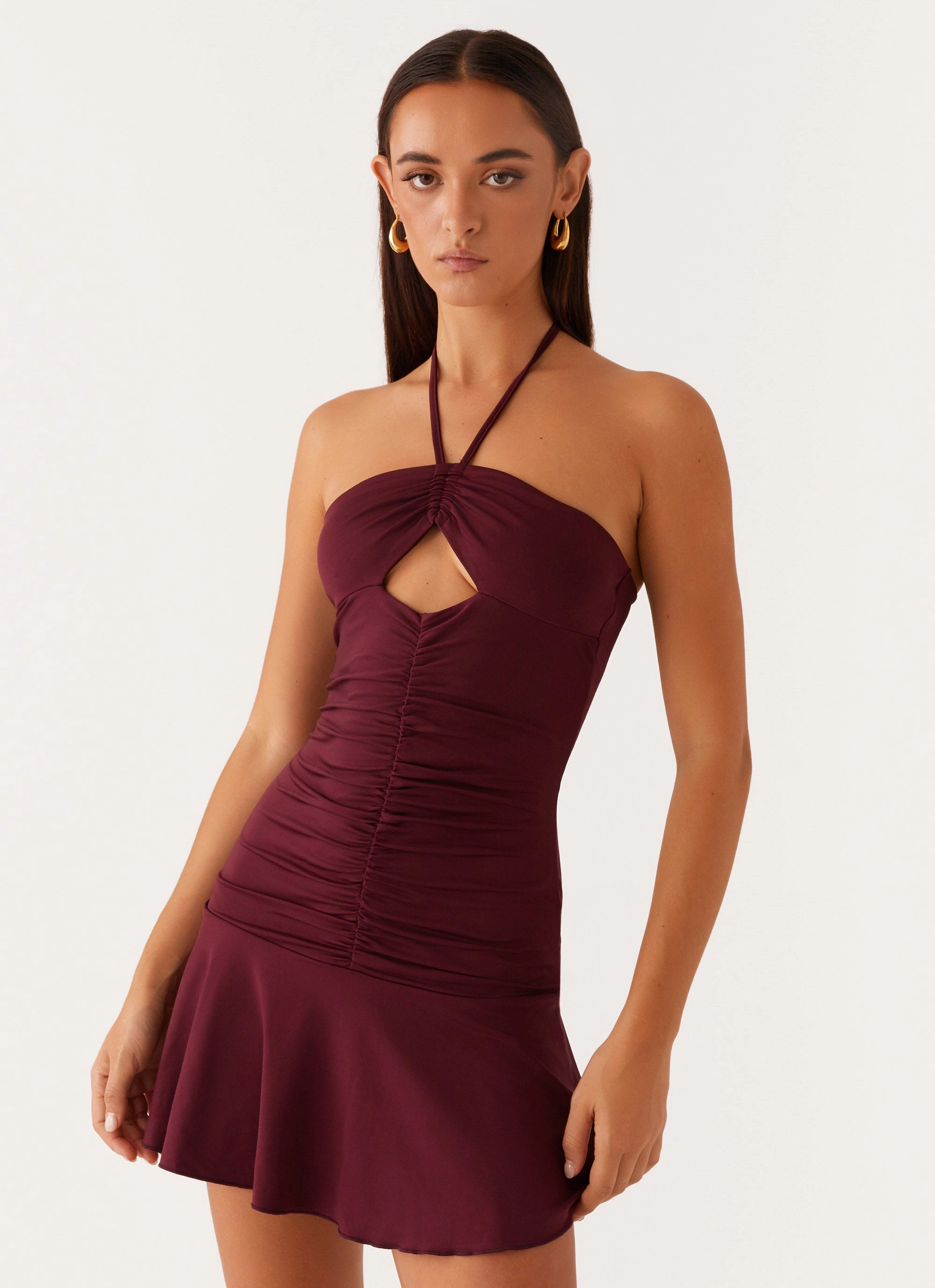 Petite friendly City Rhythm Katrina Halterneck Mini Dress - Deep Maroon