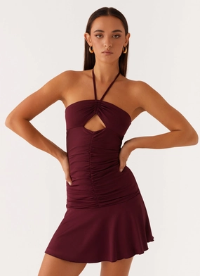 Katrina Halterneck Mini Dress - Deep Maroon Soft Structure