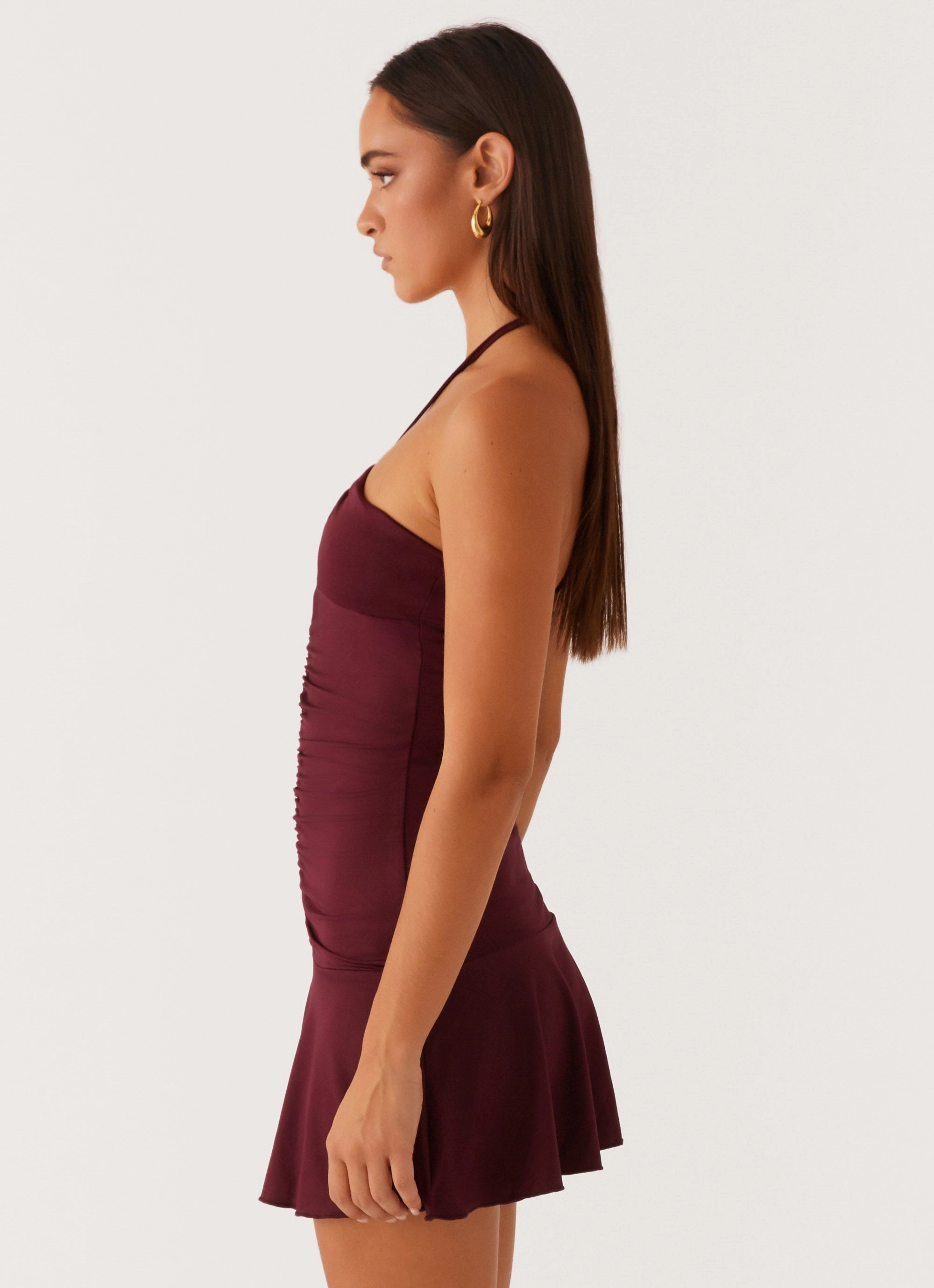 Clean Style Comfortable and Flattering Katrina Halterneck Mini Dress - Deep Maroon