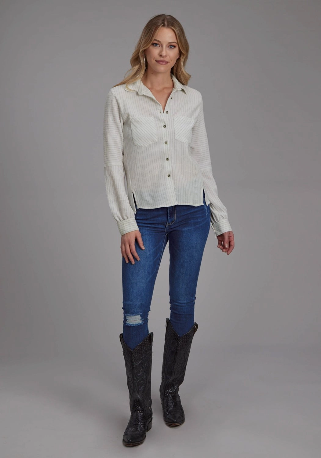 Gym Wear Roper Womens 2196 Moss Stripe Cream Polyester L/S Blouse