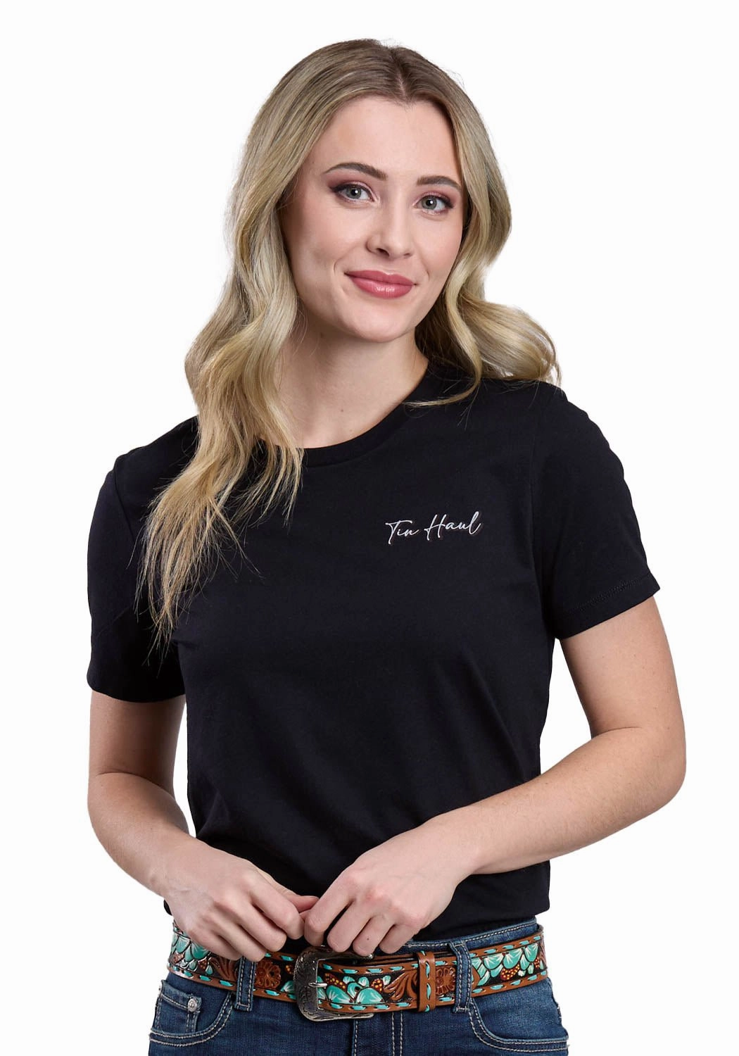 Wrinkle Resistant Finish Tin Haul Womens Running Horses Collage Black Cotton Blend S/S T-Shirt