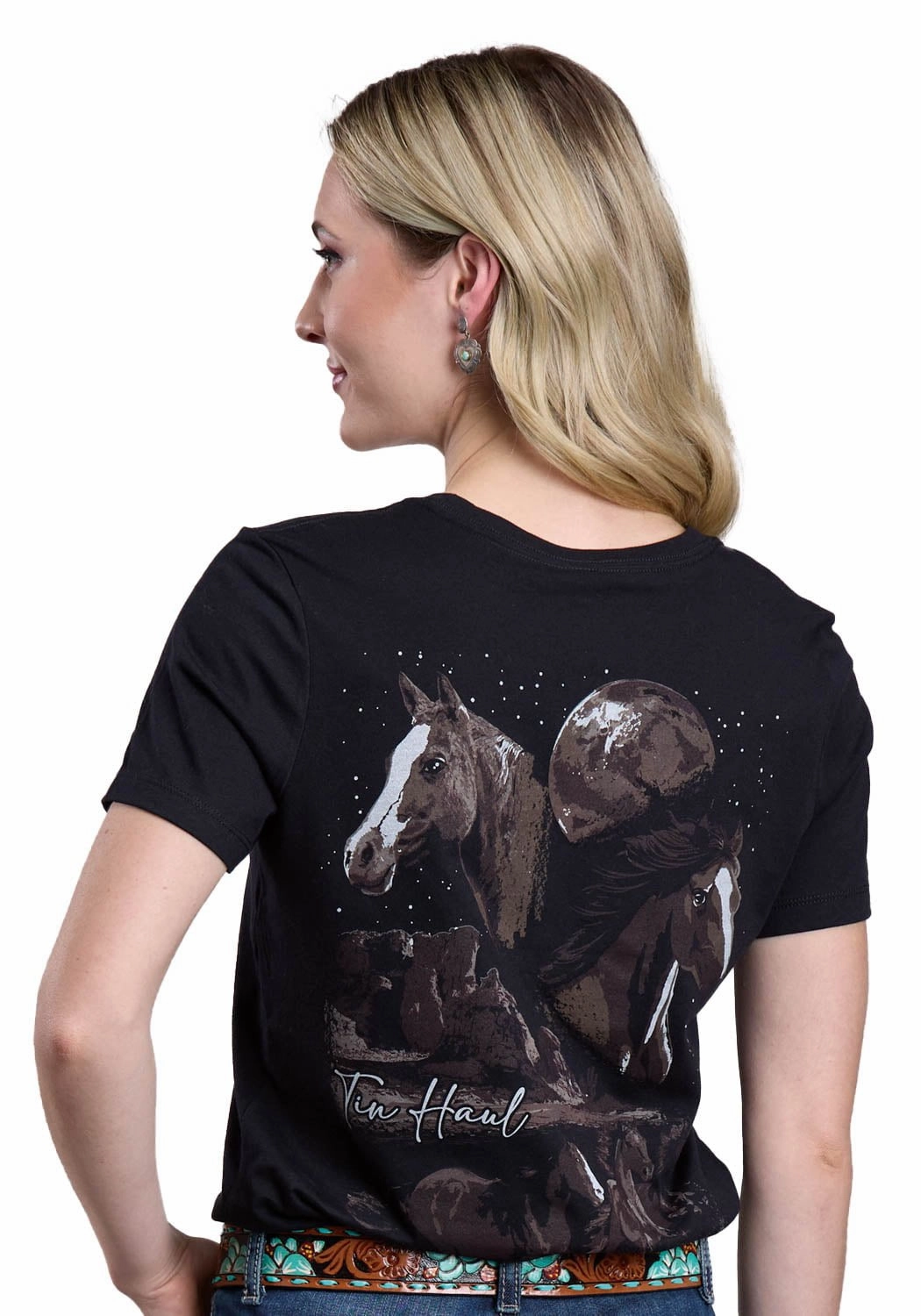Tin Haul Womens Running Horses Collage Black Cotton Blend S/S T-Shirt Edgy Fashion Casual Sophistication