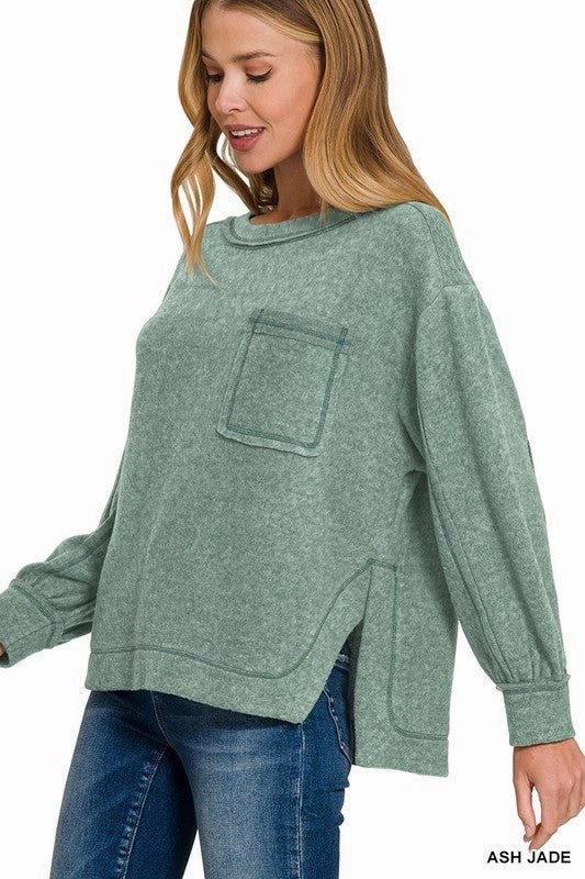 Warm and Cozy Relaxed Comfort Nancy Brushed Hacci Hi-low Round Neck Sweater S-XL