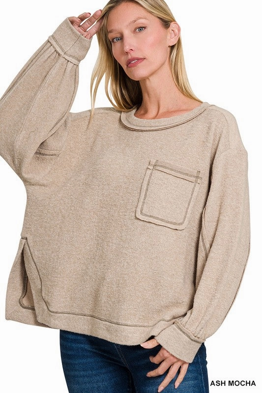 Nancy Brushed Hacci Hi-low Round Neck Sweater S-XL Trendy Layers Relaxed Fit