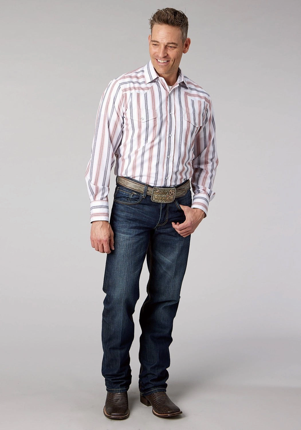 Loose style Roper Mens 2068 Stripe White/Coral Cotton Blend L/S Shirt