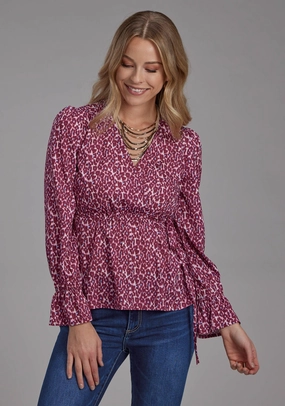 Roper Womens 2134 Leopard Red Multi 100% Polyester V-Neck L/S Blouse Split hem Soft Texture