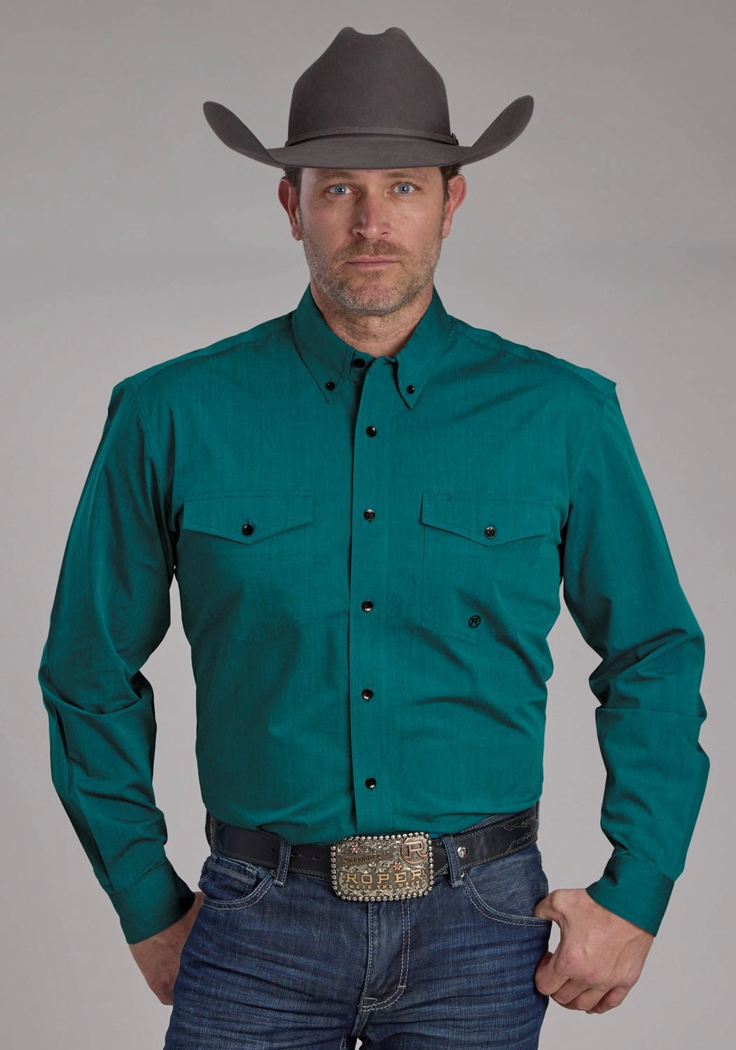 V-Neck Checkered Style Roper Mens 2249 Black Fill Teal 100% Cotton Btn L/S Shirt