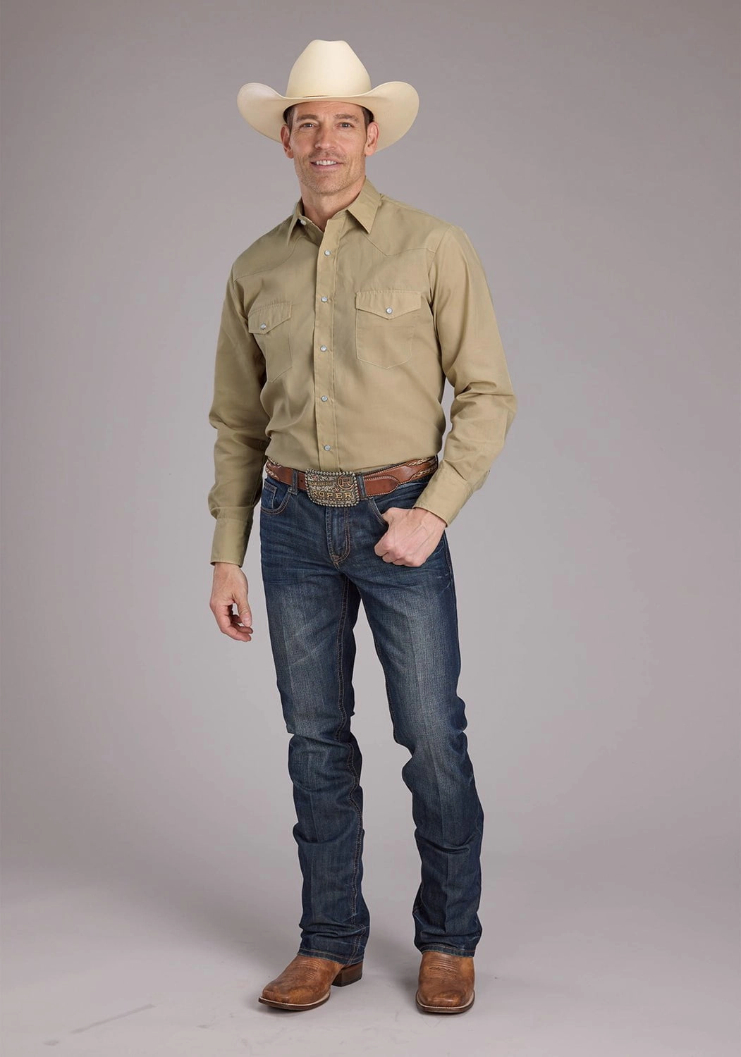 Non-Iron Travel Essential Roper Mens 2445 Broadcloth Tan Cotton Blend L/S Shirt