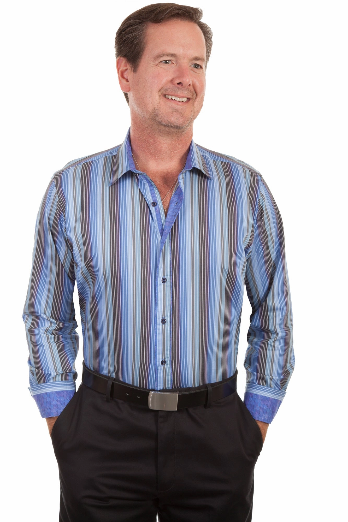 Elegant Finish Scully Mens Sky 100% Cotton Stripe L/S Shirt