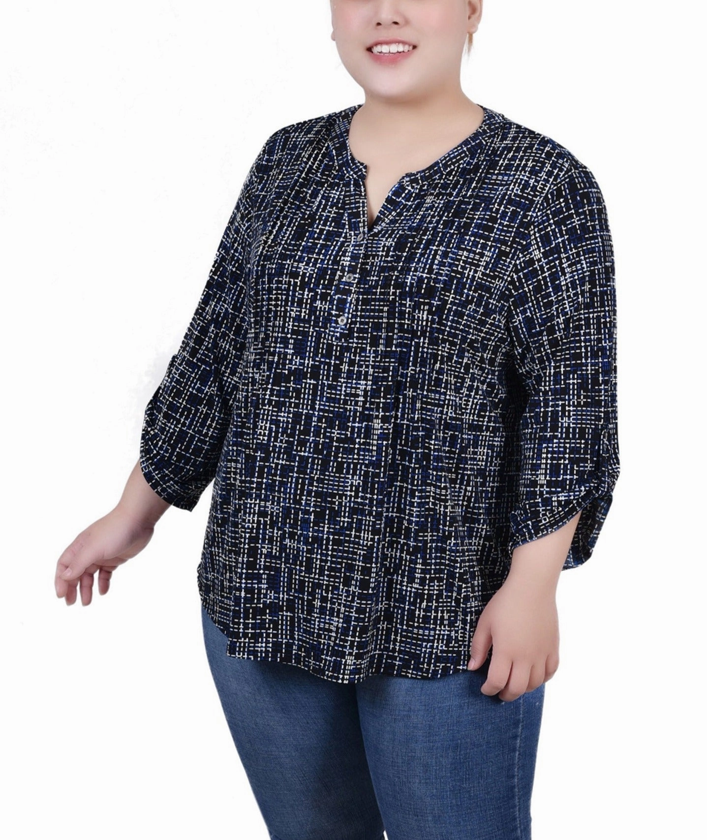 Upgrade-Option Plus Size 3/4 Roll Tab Sleeve Y Neck Top