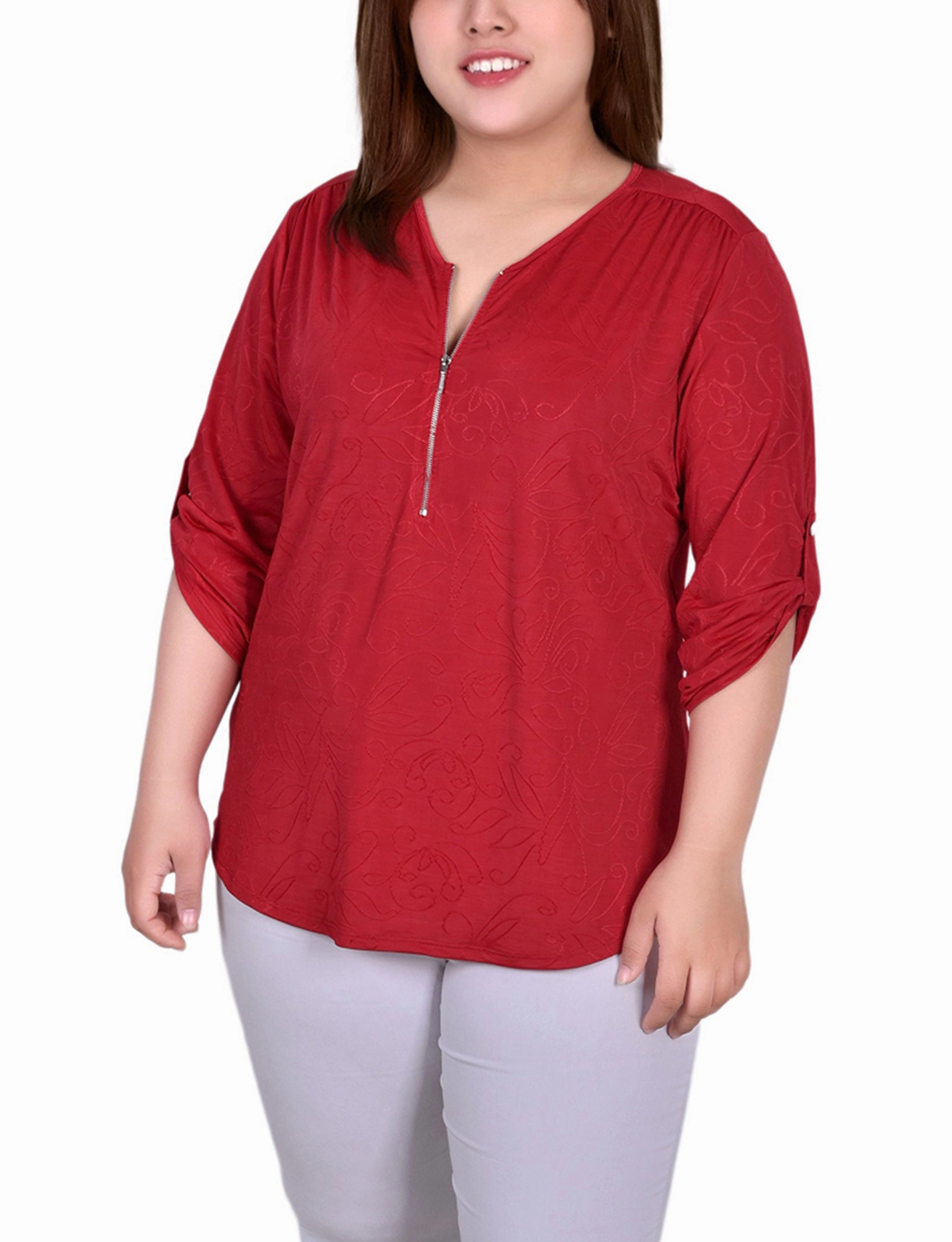 Plus Size 3/4 Roll Tab Zip Front Jacquard Knit Top Urban Motion Edgy Layers